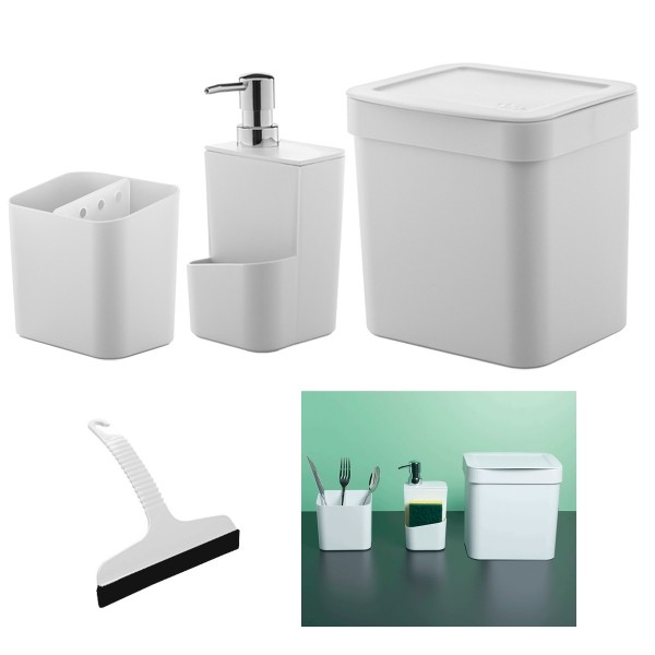 Kit Pia Lixeira 4,7 L Dispenser Detergente E Porta Talher 4 Itens Trium Ou