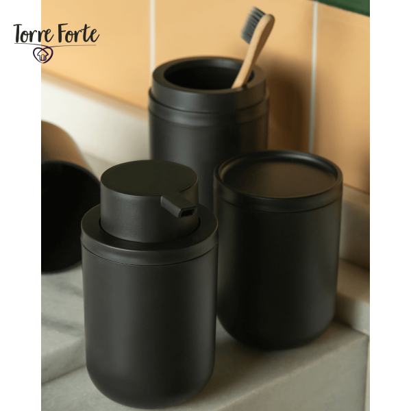 Kit Banheiro Porta Sabonete Liquido Escova De Dente Algodão Cotonete Bold