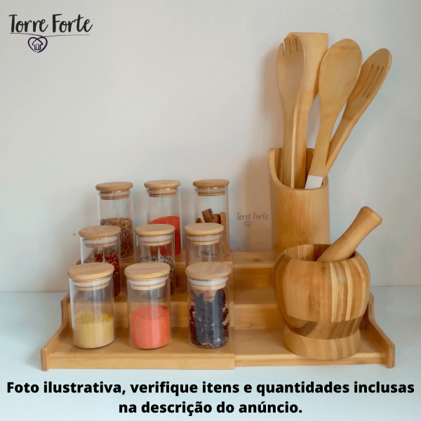 Organizador De Armário Potes Latas Porta Temperos Escadinha De Bambu Extensível - Bambu