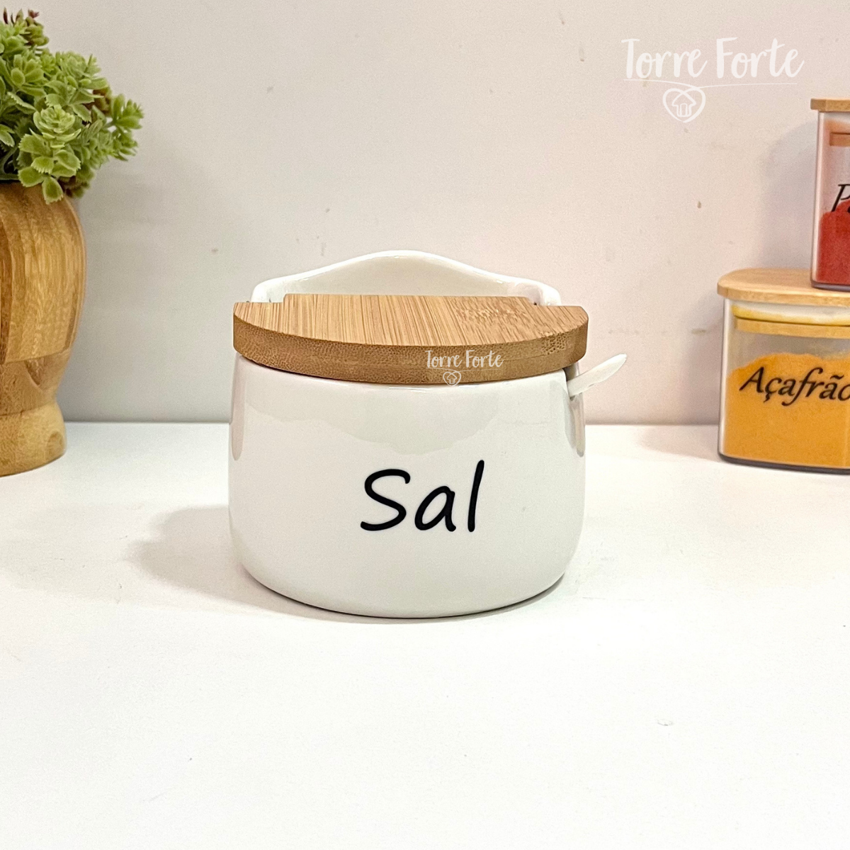 Saleiro Porcelana e Bambu Saleiro Cerâmica Saleiro De Mesa Com Colher