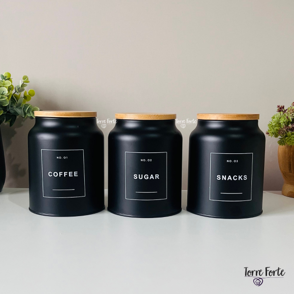 Conjunto 3 Potes Porta Café Açúcar Herméticos Com Tampa Sugar Coffee Snakcs Sense - Preto