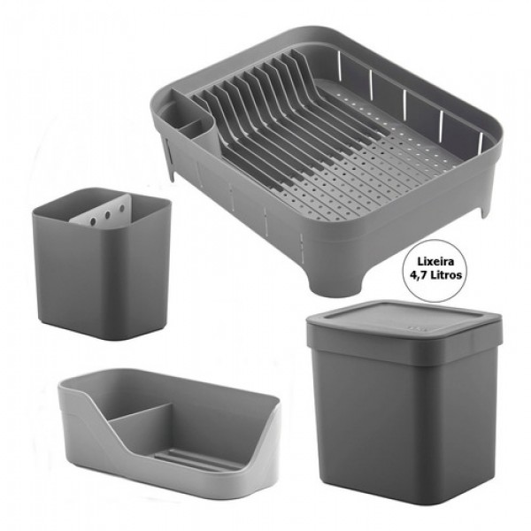 Kit Utensílios Escorredor De Louças Lixeira 4,7 L Organizador De Pia Trium Ou