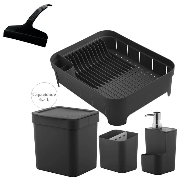 Kit Lixeira Para Cozinha 4,7 L Escorredor De Pratos Porta Detergente Trium Ou 