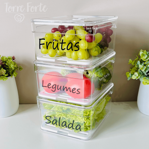 Kit 3 Organizadores De Geladeira Personalizados Potes Frutas Legumes Salada 2,2 L - Natural