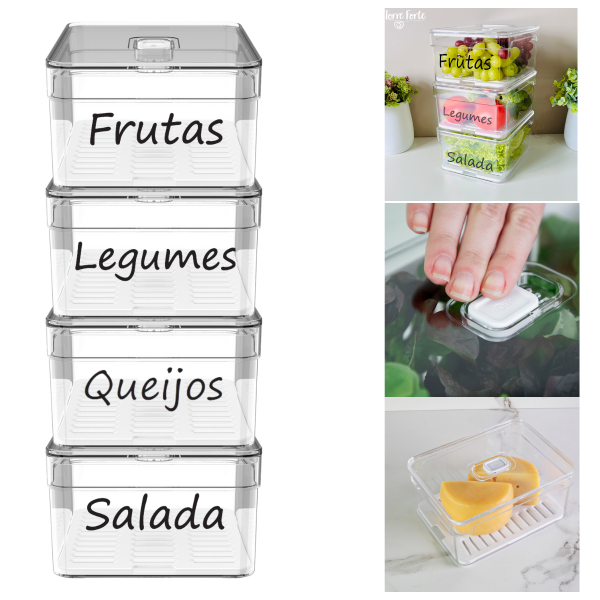 Kit 4 Organizadores De Geladeira Personalizado Frutas Legumes Salada Queijos