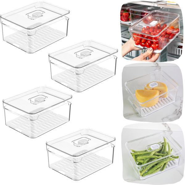 Kit 4 Organizador De Geladeira Armário Pote Frutas Legumes Salada Porta Frios  - Natural