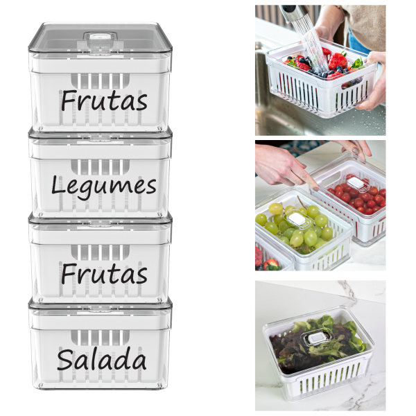 Kit 4 Organizadores De Geladeira C/ Cesto Personalizados Salada Frutas Legumes - Salada/Frutas/Legumes