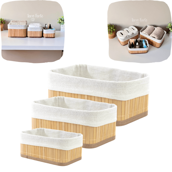 Kit 3 Cestos Organizadores Cesto De Bambu Multiuso Decorativo Pequeno Médio Grande - Bambu Claro