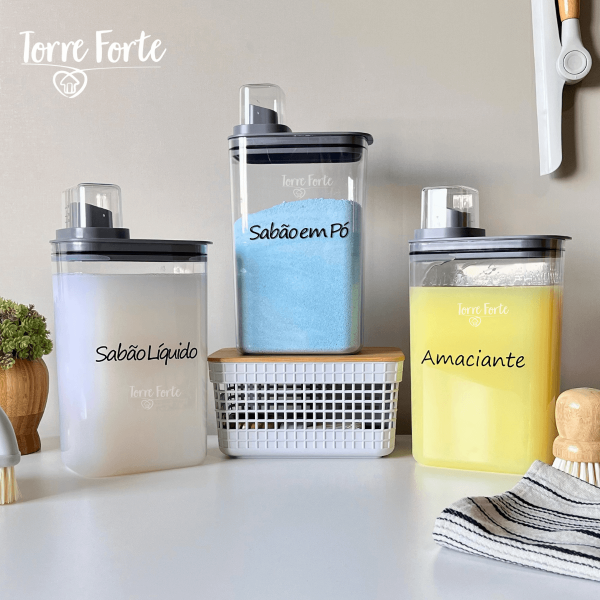 Kit 3 Porta Sabão Em Pó Líquido Amaciante Lavanderia Potes Herméticos