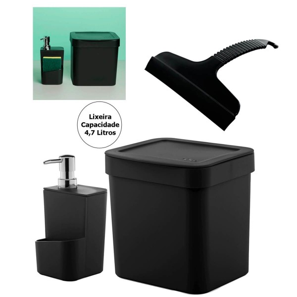 Kit Pia Utensílios De Cozinha Lixeira 4,7L Dispenser Detergente Rodinho