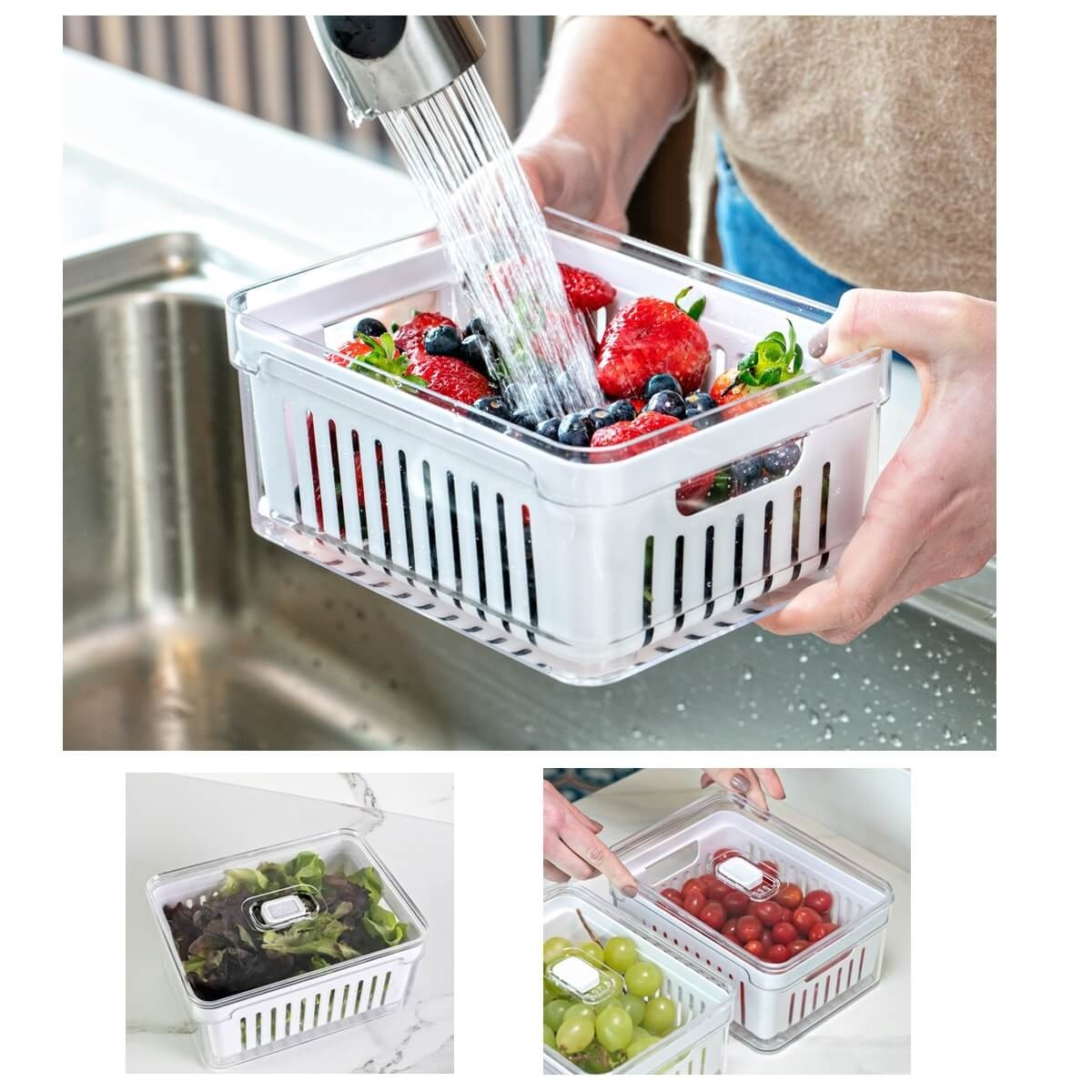 Pote Organizador De Geladeira Verduras Frutas C/ Cesto Tampa - Natural